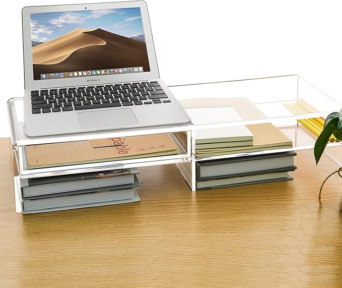 20" Crystal Clear Acrylic Monitor Stand Riser - Fits iMac/Printer/TV, Ergonomic 3" Elevation w/Sliding Drawer Storage, Sleek Desk Organizer for Home Office