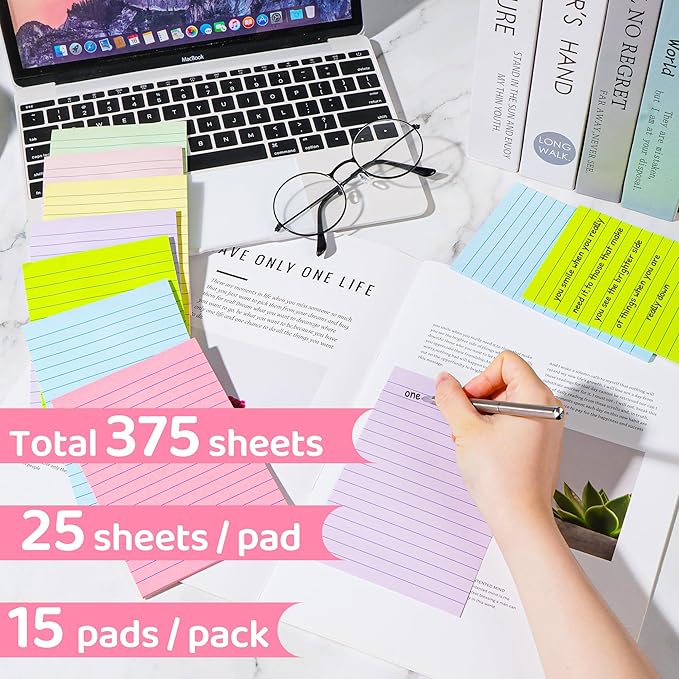 (15 Pads) Lined Sticky Notes 4x6 in Post, 7 Pastel Colors with Lines Self-Stick Note Pad it, Strong Adhesive, Big Rectangular Sticky Pads for Office, Home, School, Meeting