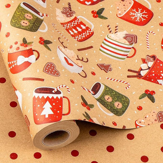 Yarcony Christmas Wrapping Paper Roll, Holiday Mugs Wrapping Paper, Reversible Coffee Cup, Polka Dot Design Cute Kraft Christmas Gift Wrap for Teen Gift Packaging (Mini Roll, 17 Inch X 33 Feet)
