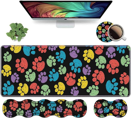 Ergonomic Keyboard Wrist Rest & Mouse Pad Wrist Rest Set,Large XXL Gaming Mousepad 31.5"x 11.8",Memory Foam,Easy Typing Pain Relief,Multifunctional Desk Mat for Office & Home,Colorful Dog Paw Print