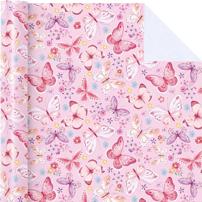 WRAPAHOLIC Pink Butterfly Wrapping Paper Roll - Mini Roll - 17 Inch x 9.8 Feet - Fantasy Floral Butterfly Design, Perfect for Birthday, Wedding, Bridal Shower