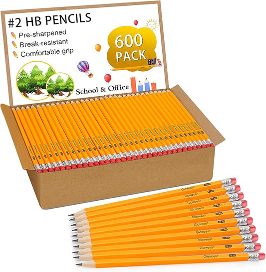 LACCHOUFEE 600 Pack #2 HB Pencils, Pre-sharpened Wood-cased Graphite Pencils with Eraser Top, Yellow, for Office, School, and Classroom Use