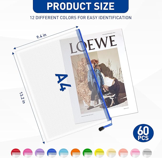 60pcs Mesh Zipper Pouch, A4 Zipper Bags for Organizing, Mesh Zipper Bag, File Organizer Pouches, Storage Pouch, Mesh Zipper Pouches for Organizing, School Office Supplies