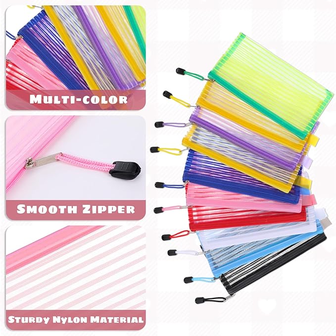80 Pack Mesh Zipper Pouch, 10 Colors, Waterproof File Bags Document Reusable Zipper Pouches Multipurpose Travel Bags for Storage Organizing, Office, School, Makeup, Board Games, Home Supplies