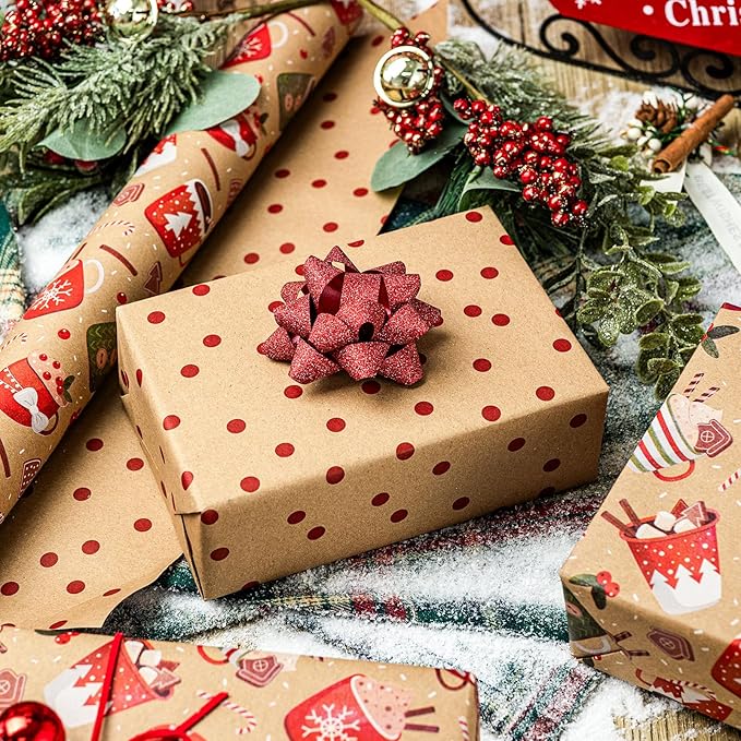 Yarcony Christmas Wrapping Paper Roll, Holiday Mugs Wrapping Paper, Reversible Coffee Cup, Polka Dot Design Cute Kraft Christmas Gift Wrap for Teen Gift Packaging (Mini Roll, 17 Inch X 33 Feet)