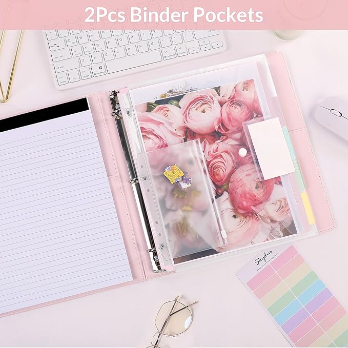 SKYDUE 3 Ring Binder with Clipboard,1 Inch Binder, 13.2" × 10.2" PU Clipboard Binder with Notepad & 5 Dividers with 5 Pockets, Labels, Clipboard Folder Great for School Office(Fit Letter Sized Paper)