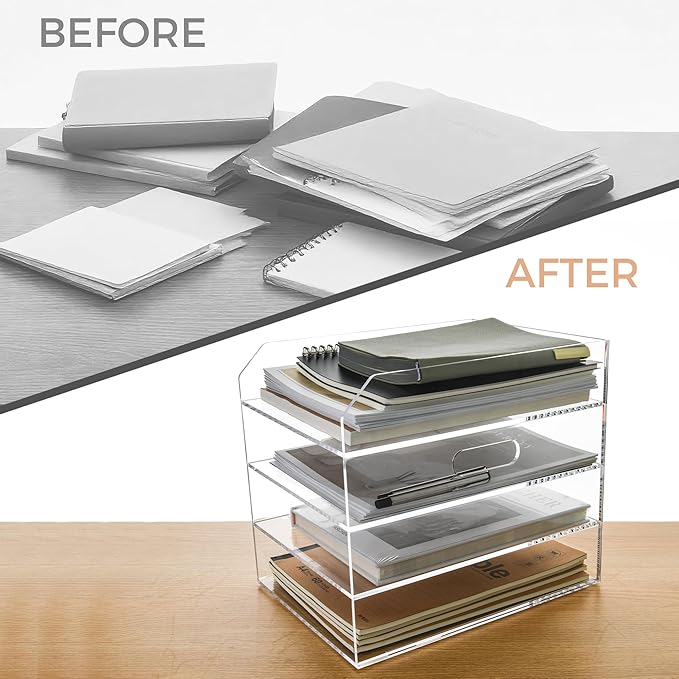 4 Tier Paper Organizer Letter Tray - Acrylic Tray Organizer for Desk, Paper Sorter Organizer for Letter/A4 Office File Folder Holder - Crystal-Clear File Organizer