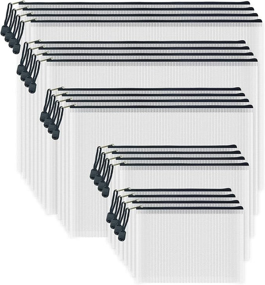 AUSTARK 20 Pcs Zipper File Bags, Plastic Mesh Pouch, Board Game Storage Bag, Waterproof Bags for Office School (Multi-Size, White and Black)