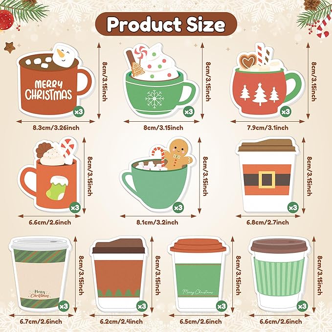 Xqumoi 30 Pack Christmas Coffee Cup Sticky Notes - Xmas Tree Stocking Self Sticky Notepads Self-Adhesive Writing Memo Pads for Latte Lover Gift Office School Supplies Party Favors Goodies Bag Fillers