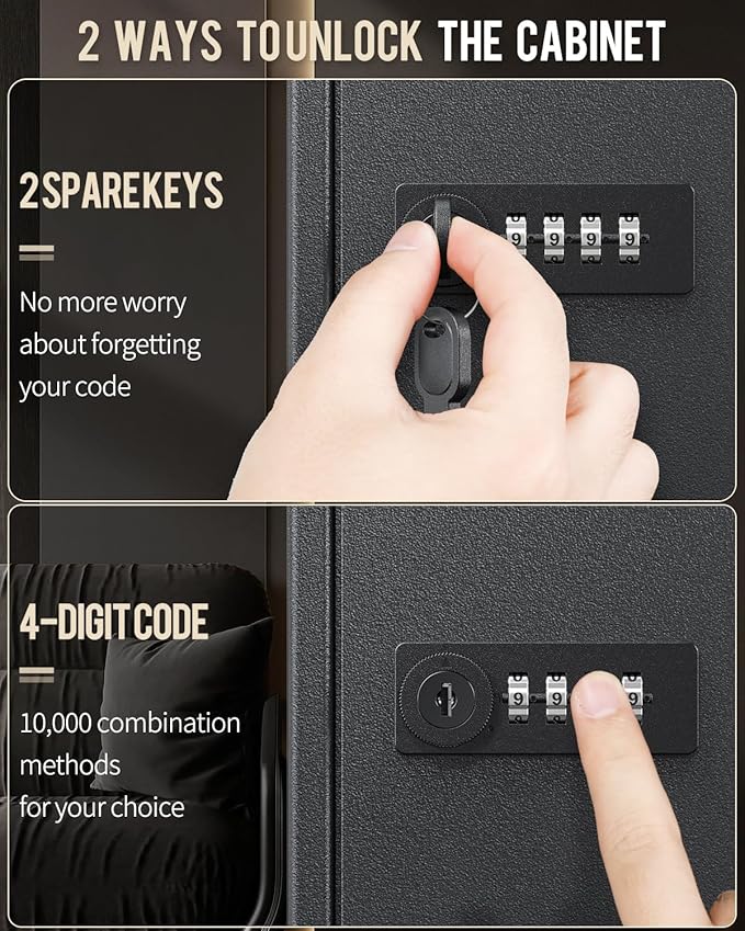 Uniclife 60 Position Key Cabinet Steel Security Storage Box with Combination & Key Lock, Resettable, Digital, Adjustable Racks, Colorful Labels & Hooks