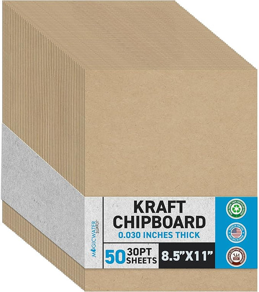 MagicWater Chipboard Sheet for DIY Projects - 8.5x11 Inch - 50 Pack - 30 pt - Heavy Duty Kraft (0.030 Inch Thick) Paperboard, for Scrapbooking, Books, Picture Frame Backing, Arts Project & Crafts