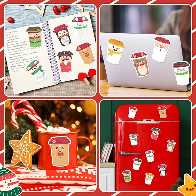 CJiangpo 60Pcs Christmas Sticky Notes - Cute Coffee Cup Sticky Note Pads, 600 Sheets Self Stick Notepad Memo Pads Funny Page Marker Classroom Rewards Back to School Christmas Party Gift for Kids