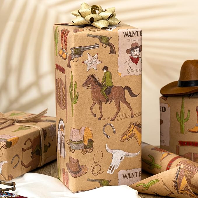 Homeral Rodeo Kraft Wrapping Paper Roll - 17In x 32.8Ft Old Wild West Style Gift Wrap with Cowboy & Horse & Wanted Poster Gift Wrap for Boys Birthday, Bachelor Party, Christmas, Farm Theme