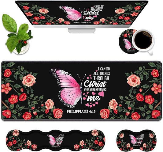 Ergonomic Memory Foam Mouse Pad Wrist Rest Set, Large Desk Pad + Keyboard Wrist Rest + Mouse Wrist Cushion + Coaster for Home Office Study Gaming, Floral Butterfly Quotes Bible Verse Philippians 4:13