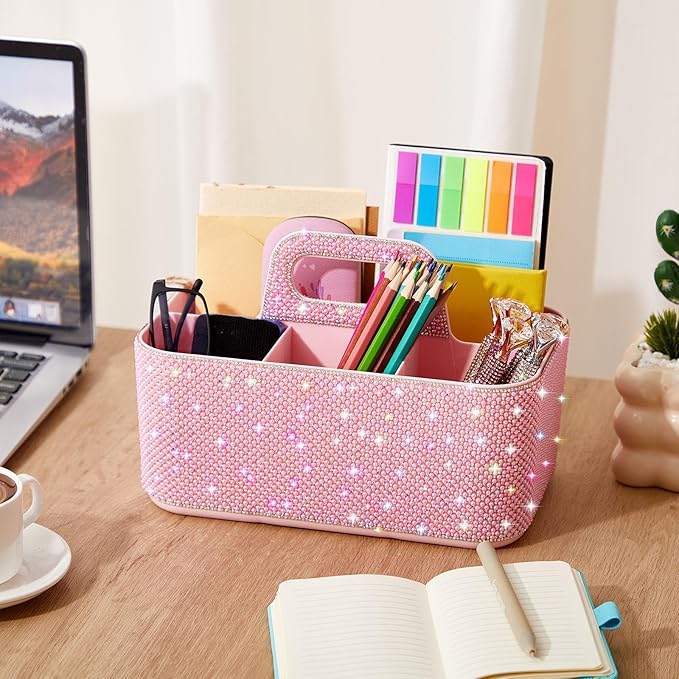 Marspark Bling Makeup Caddy Organizer with Handle, Sparkly Art Craft Holder, Glitter Bathroom Hair Caddy, Shimmer Pen Pencil Holder for Women Desk Organizer, Bling Gifts for Women(Pink,Pearl Diamond)