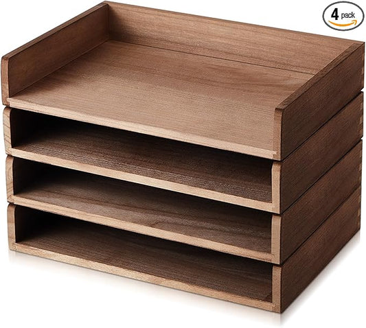 Yeaqee 4 Pcs Stackable Paper Organizer Tray Wood Desk Organizer Letter Tray Desktop Letter Size Office Wooden Desk Shelf Paper Holder Folder Organization Rack for Mail File Document(Dark Wood Color)