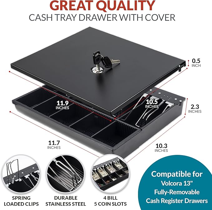 Volcora Cash Drawer Tray with Locking Cover - 11.7 x 10.3 x 2.3 Inch Metal Cash Lock Box with Lid - 4 Bill/5 Coin Money Organizer for Volocara 13" Fully-Removable Cash Drawers - For Business Use