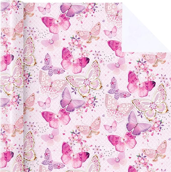 WRAPAHOLIC Pink Butterfly Wrapping Paper Roll - Mini Roll - 17 Inch x 33 Feet - Fantasy Butterfly Design, Perfect for Birthday, Wedding, Bridal Shower