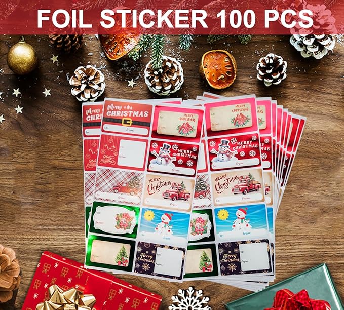 Large Foil Christmas Sticker Labels,Self Adhesive Gift Stickers Holiday Gift Name Decals for Present/Wrapping Paper Decorations(100 Count)