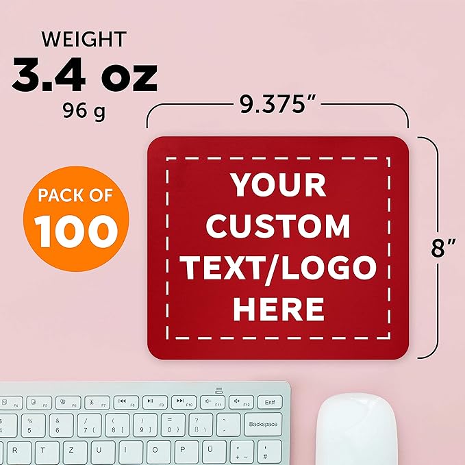 Custom Rectangle Mousepads Set of 100, Personalized Bulk Pack - Great Gift for Employees, Clients, and for Tradeshows - Red