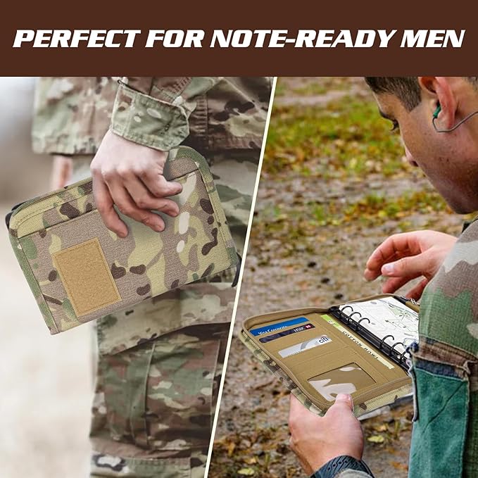 Military Padfolio Ring Binder with 80 Sheets 160 Pages of Leaf Paper, Military Notebook with Zippered Padfolio Organizer, Refillable Tactical Notebook 6-Ring A5 Notebook Paper (10" x 7.3")