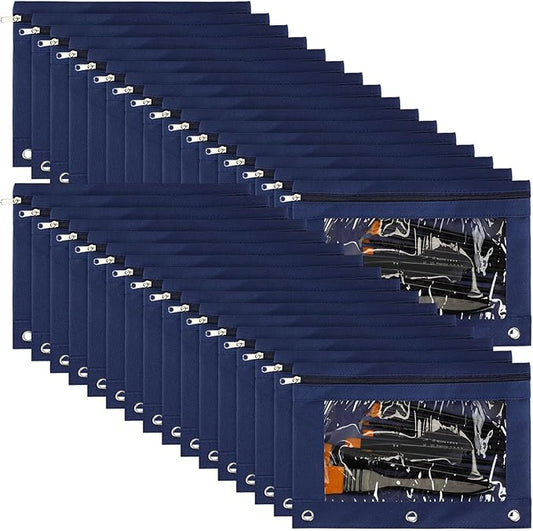 Marspark 30 Packs Pencil Pouch 3 Ring Binder Pen Pouch Cloth Pencil Pouches Zipper Pen Case Bag with Clear Window for School Office Writing Supplies Gifts(Navy Blue)