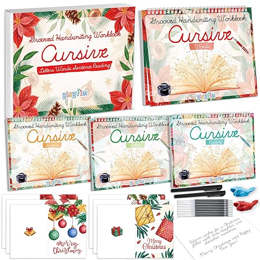 gisgfim 4 Pack Christmas Grooved Cursive Handwriting Practice with Greeting Card Disappearing Ink Pens Magic Reusable Grooved Cursive Writing Workbooks for Beginners Words Sentence Reading Letters