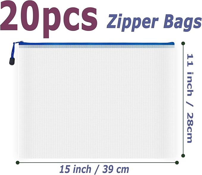 AUSTARK 20 Pcs Zipper File Bags, Plastic Mesh Pouch, Board Game Storage Bag, Waterproof Bags for Office School (B4 Size 15''x11'', White and Blue)