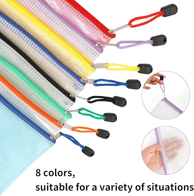 EOOUT 16pcs Mesh Zipper Pouch, Puzzles, Board Game Storage Bags for Organizing, Waterproof Zip File Bags, Letter Size, Suitable for A4 Size, for School Office Supplies, Storage Bags, 8 Colors