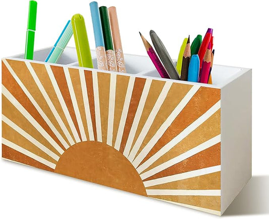 Boho Sun Pen Holder for Office Desk Decor, Sun Wooden Pencil Holder Sign Organizer for Home Office Desk Accessories, Boho Gifts for Women Men