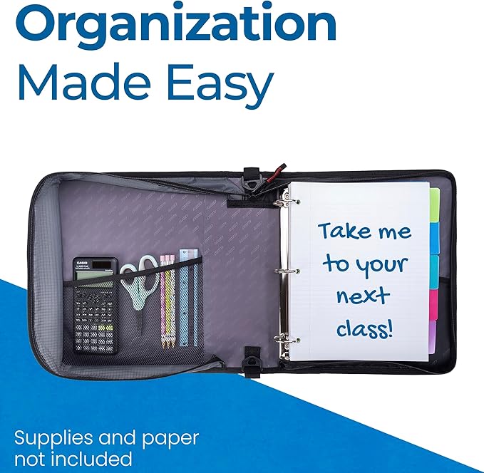 Case-it The Universal 2.0 Zipper Binder -1.5 Inch D-Ring - Removable Padded Pocket Holds Up to 13" Laptop/Tablet - Multiple Pockets - 350 Page Capacity - Comes with Shoulder Strap - Jet Black LT-207