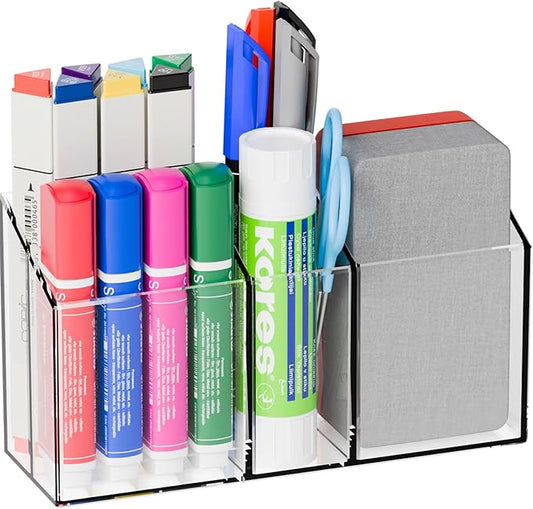 Yieach Clear Magnetic Pen Holder for Refrigerator,Locker,Non Slip Magnetic Marker Holder for Whiteboard,Fridge,Classroom Organizer,4 Compartment Acrylic Magnet Cup for Expo Dry Erase Markers,Pencil