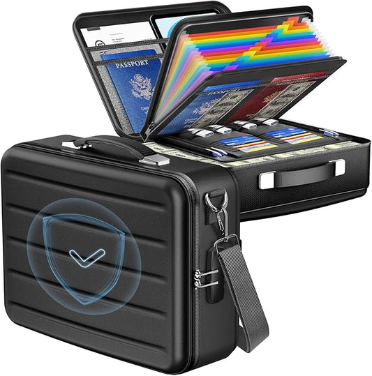 Fireproof Document Box with Lock, Hard-Shell Fireproof Safe for Home Documents, Portable Travel Fire Proof File Box for Passport Laptop Certificates, Black