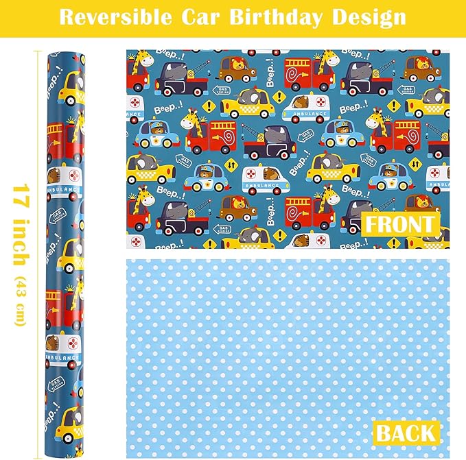 WRAPAHOLIC Reversible Car Wrapping Paper - Mini Roll - 17 Inch x 33 Feet - Adorable Police Car Fire Trucks Animal Wrapping Paper for Kids Boys Birthday, Baby Shower