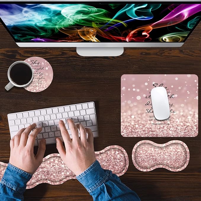 Ergonomic Keyboard Wrist Rest and Mouse Pad Wrist Rest Set with Coasters [4Pcs], Non-Slip Rubber Base for Home Office Working Studying Easy Typing & Pain Relief, Bible Verses Proverbs 31:25