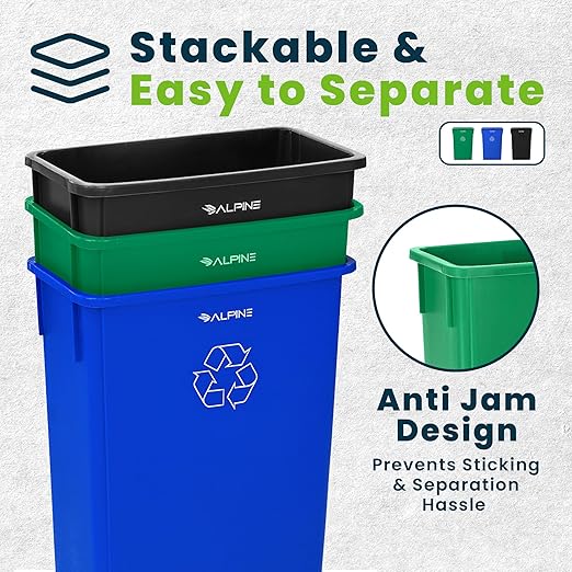 Alpine 23 Gallon Slim Recycling & Trash Bin Set – 3-Pack Blue/Black/Green Plastic Narrow Open-Top Garbage Cans for Office, Home, School & Commercial Use