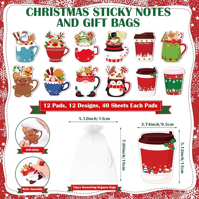 12 Sets Christmas Sticky Notes with Pens, Christmas Coffee Cup Notepads Winter Memo Pad Bulk Christmas Gifts for Coworkers Holiday Decoration Party Favors School Office Home Supplies