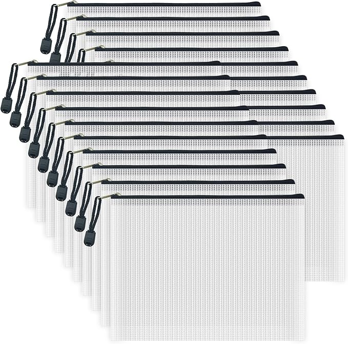 AUSTARK 20 Pcs Zipper File Bags, Plastic Mesh Pouch, Board Game Storage Bag, Waterproof Bags for Office School (A5 Size 9.2''x6.7'', White and Black)