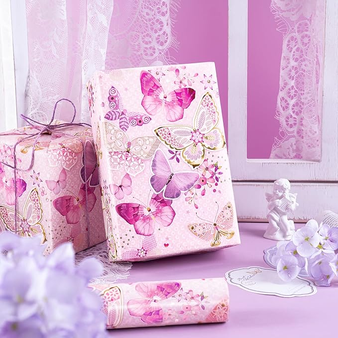 WRAPAHOLIC Pink Butterfly Wrapping Paper Roll - Mini Roll - 17 Inch x 33 Feet - Fantasy Butterfly Design, Perfect for Birthday, Wedding, Bridal Shower