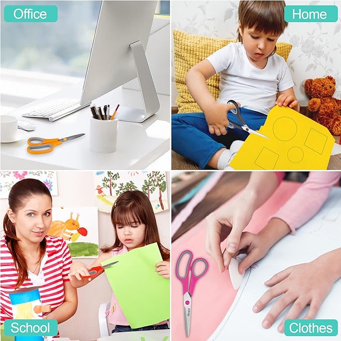 Scissors, Rkqoa 8" Scissors All Purpose 6 Pack - Comfort-Grip Sharp Scissor for Office School Adult Art Sewing Fabric Craft Supplies, Teacher/Classroom Everyday Use, Right/Left Handle