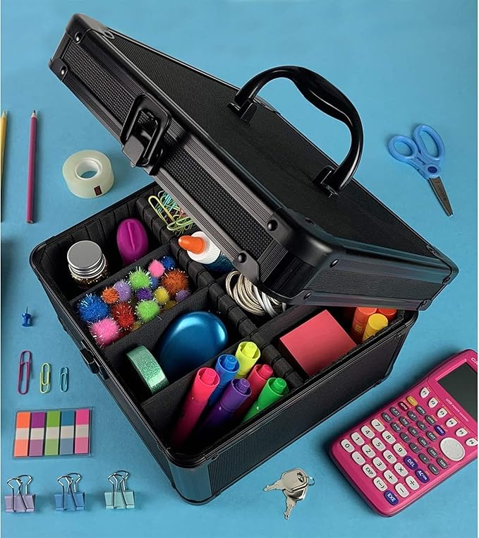 Vaultz Portable Safe Box - 10 x 10 x 6.5 Inch Large Storage Box with Lock, Mesh Pocket & Adjustable Compartments for Cash, Documents and Valuables - Tactical Black