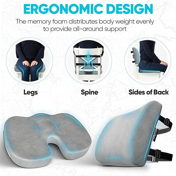FORTEM Seat Cushion, Office Chair Cushion, Lumbar Support Pillow for Office Chair, Memory Foam Sciatica Coccyx Tailbone Pressure Pain Relief, Car Sitting Pad, Washable Non Slip, XL