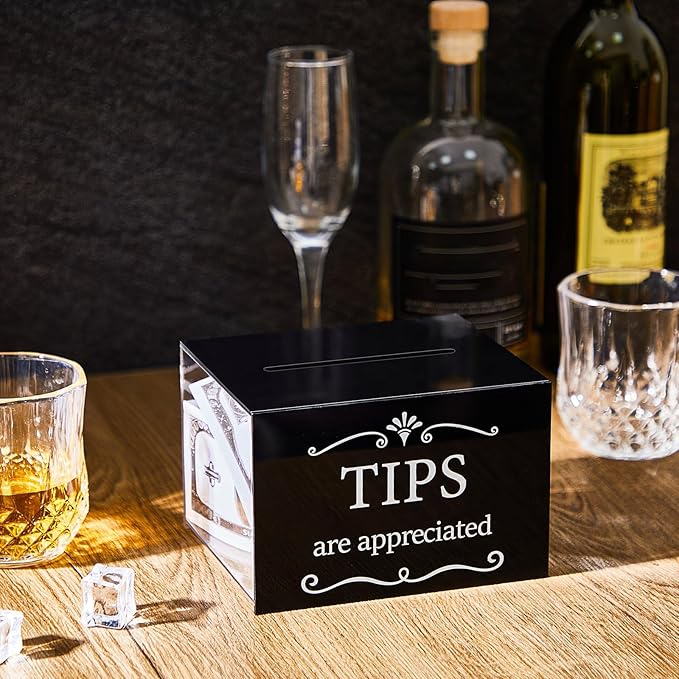Vesici Tip Jars for Money 6 x 4 x 5 Inch Acrylic Tip Collection Box with Lock Donation Suggestion Box for Tip Storage Container Raffling Box for Bartender Bars, Musicians Restaurants Driver