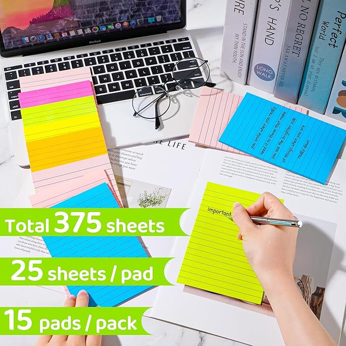 (15 Pads) Lined Sticky Notes 4x6 in Post, 7 Bright Colors with Lines Self-Stick Note Pad it, Strong Adhesive, Big Rectangular Sticky Pads for Office, Home, School, Meeting