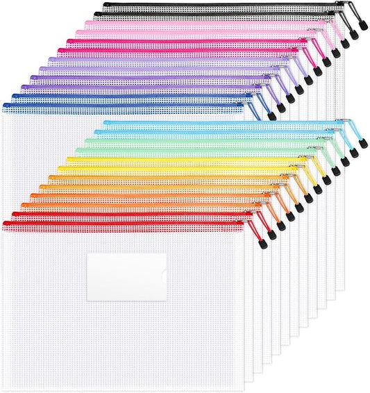 Sooez 24 Pack Super Large Mesh Zipper Pouch Bags, B4 (15.6×11.2 in) Pencil Pouch Bulk with Label Pocket, Waterproof Organizers for Board Game Storage, File Bags for School, Travel & Office, 12 Colors