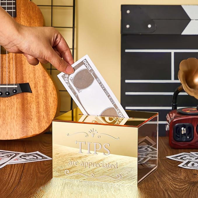 Vesici Acrylic Tips Jar Donation Tip Bucket 6 x 4 x 5 Inch Collection Money Storage Container Suggestion Box Raffle Cash Box for Bartender Bars Restaurants Musicians Driver Coin (Gold)