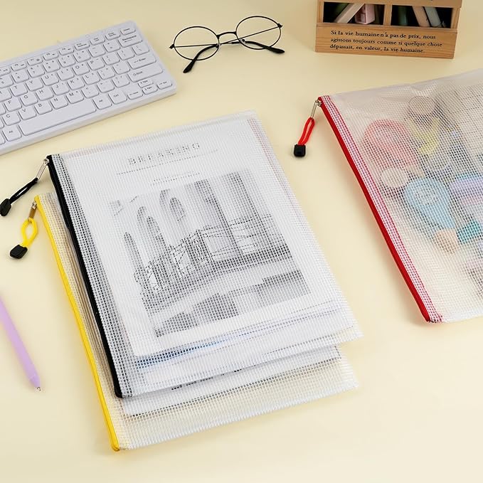 EOOUT 100pcs Mesh Zipper Pouch, A4 Size, 10 Colors Zipper Bags for Organizing Storage, Waterproof Puzzle Bag, Zipper File Bags for Board Games and School Office Supplies