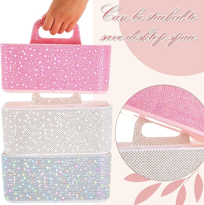 Marspark Bling Makeup Caddy Organizer with Handle, Sparkly Art Craft Holder, Glitter Bathroom Hair Caddy, Shimmer Pen Pencil Holder for Women Desk Organizer, Bling Gifts for Women(Pink,AB Diamond)
