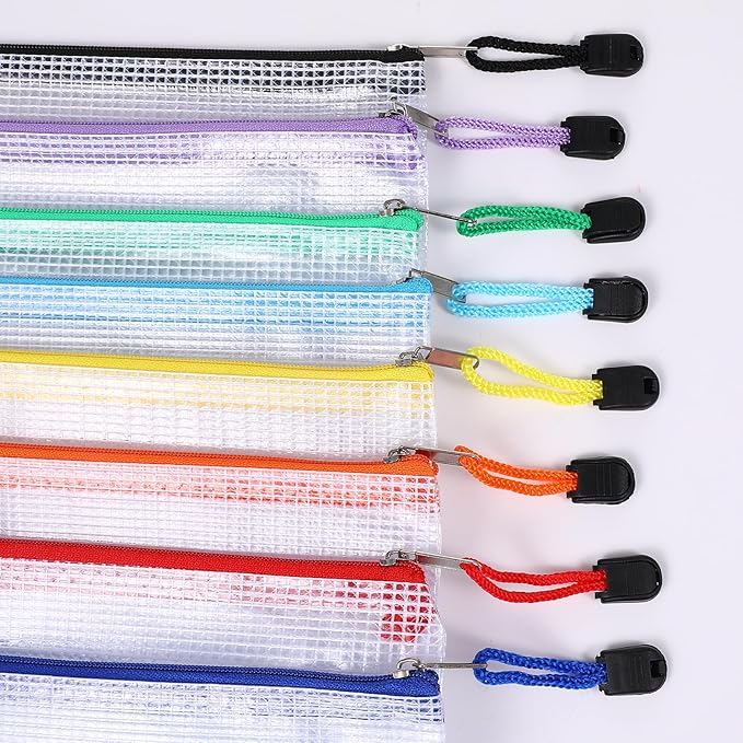 24PCS Mesh Zipper Pouch Bags, A3 17x12 Inches Waterproof Plastic File Puzzle Storage Bags 8 Colors Large Reusable Clear Travel Pouches for Organizing Board Game Office Home School Supplies