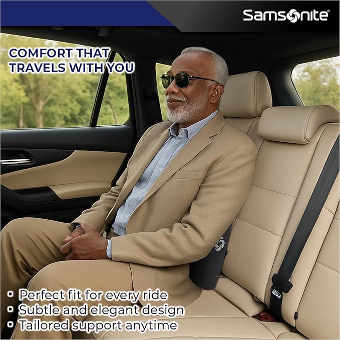 Samsonite Ergonomic Lumbar Support Pillow for Office Chair and Car Seat - Memory Foam Back Support Lumbar Pillow Premium Cushion Chair Support for Lower Back Pain Relief and Versatile Use (Black)